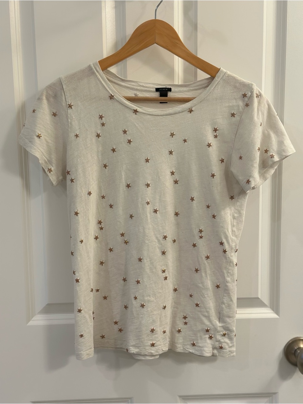 J. Crew White Short Sleeve Tee with Gold Star Accents
